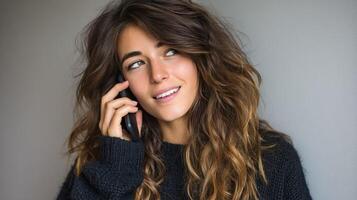 A woman with long hair talking on a cell phone photo