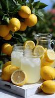A table with a pitcher of lemonade and a jar of lemons photo