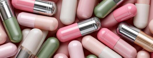 Many different colored pills are arranged in a pile photo