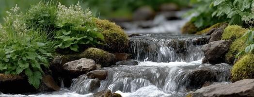 A stream of water flowing through a lush green area photo