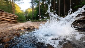 Water splashing in a stream in the forest photo
