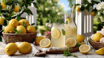 Lemonade with lemons and fresh herbs photo