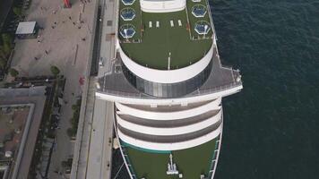 Stunning aerial view of a luxury cruise ship at the waterfront promenade video