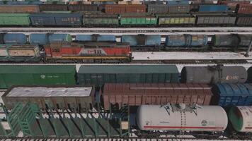 Trains arranged in a unique pattern at a North American rail yard video