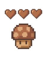 A whimsical pixel art illustration of a charming mushroom character. The three brown hearts floating above him suggests a life bar. A playful and adorable image for games or playful content. vector