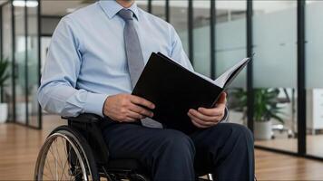 Businessman using a wheelchair is carefully reviewing a document in a bright, modern office environment, demonstrating inclusion and accessibility in the workplace photo
