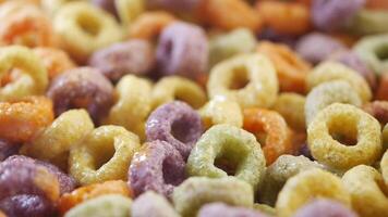 Colorful breakfast cereal in a close-up display video