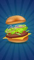Exploded Burger Layers on Blue Rays Background Motion video