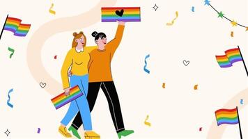 Colorful Pride Parade Animation Background with Diverse Characters and Rainbow Flags video