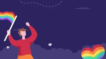 Nighttime Pride Animation Background with Character Waving Rainbow Flag and Floating Hearts video