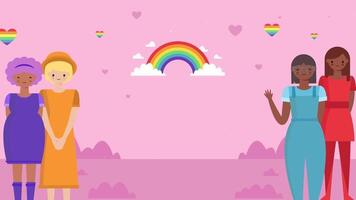 Joyful Pride Animation Background with Diverse Characters, Rainbows, and Hearts video