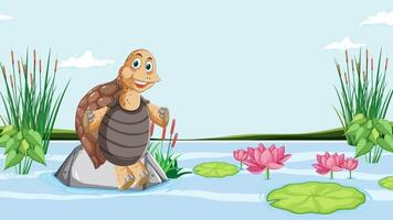 Happy Turtle Sitting on Rock in Pond with Lily Pads and Cattails for World Turtle Day video