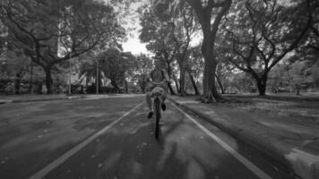 A cyclist enjoys riding through a scenic park pathway in an urban area surrounded by nature video