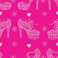 Seamless pattern with elegant high Heels with floral lace and hearts. Magenta background. vector
