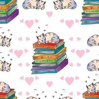 Seamless pattern with sleeping cat on a stack of books with hearts vector