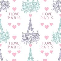 I love Paris seamless pattern with eiffel tower and hearts on white background. vector