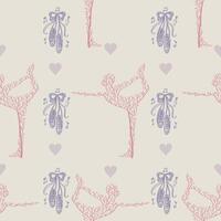 Seamless pattern with ballet dancer silhouette, hearts and pointe shoes. vector