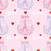 Seamless pattern with eiffel tower, hearts, and floral elements on pink background. vector