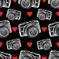 Seamless pattern with hand drawn retro camera on black background. vector