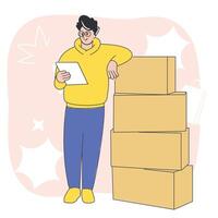 Delivery man checking parcel list with stacked boxes logistics and e-commerce illustration vector