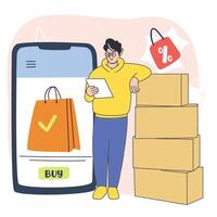Delivery man with boxes and mobile shopping app screen e-commerce and logistics illustration vector