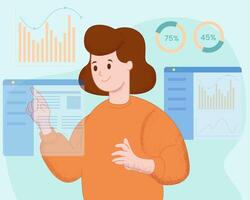 A woman is pointing at graphs and graphs on a screen vector