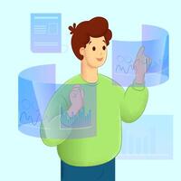 A man is pointing at graphs and graphs on a screen vector