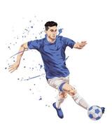 A soccer player in blue and white is kicking the ball vector