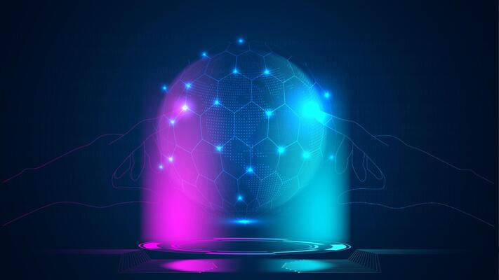 Hands holding a glowing sphere with glowing lights