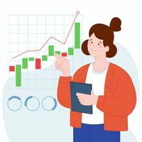 A woman is pointing at a chart on a tablet vector