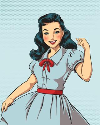 Retro pop art woman in dress and red bow