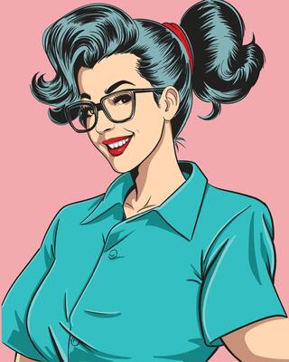 Retro pin up girl with glasses and a ponytail