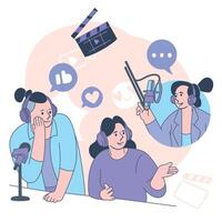 Podcast Team Recording a Show with Remote Guest for Content Creators and Streaming illustration vector