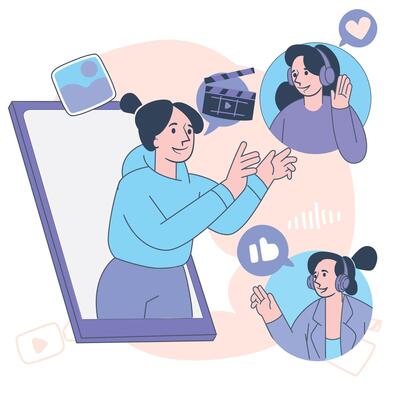Online Podcast Interacting with Virtual Guests Illustration for Remote Collaboration and Streaming