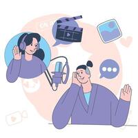 Virtual Podcast Discussion Between Male and Female Hosts with Call Interface Illustration vector