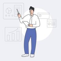 Businessman giving data presentation with charts and reports, flat style illustration vector
