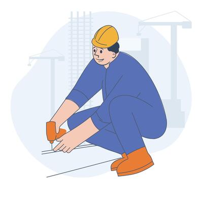 Construction Worker Using Power Drill, Flat Illustration