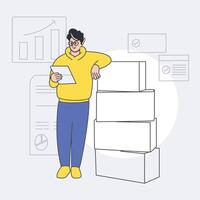 Young man managing inventory with tablet and stack of boxes, flat design warehouse business illustration vector