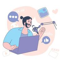 Man with Beard Hosting a Podcast at Laptop Illustration vector
