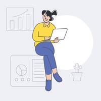 Smiling businesswoman working on laptop with charts, flat design data analytics illustration vector