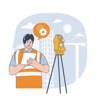 Construction Engineer Using Tablet with Surveying Equipment on Site vector