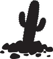 Cactus in rocky desert silhouette art, Black cactus plant with desert elements vector