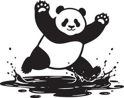 Panda splashing in puddle playful design, Cute panda water play flat illustration vector