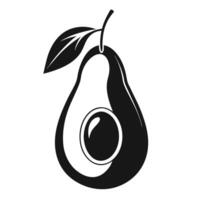 An avocado with a leaf on it is shown in black and white vector