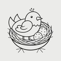 A black and white drawing of a bird in a nest vector