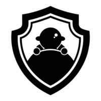 A black and white logo of a shield with a man in it vector
