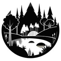 A black and white illustration of a forest with trees and water vector