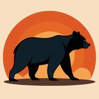 A black bear walking in front of an orange sunset vector