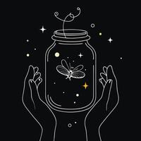 Two hands holding a jar with a dragonfly inside vector