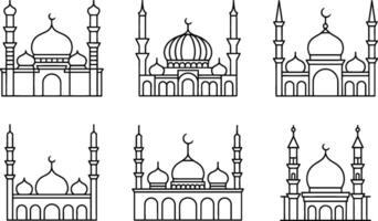 Set of outlined mosque illustrations representing islamic architecture designs vector